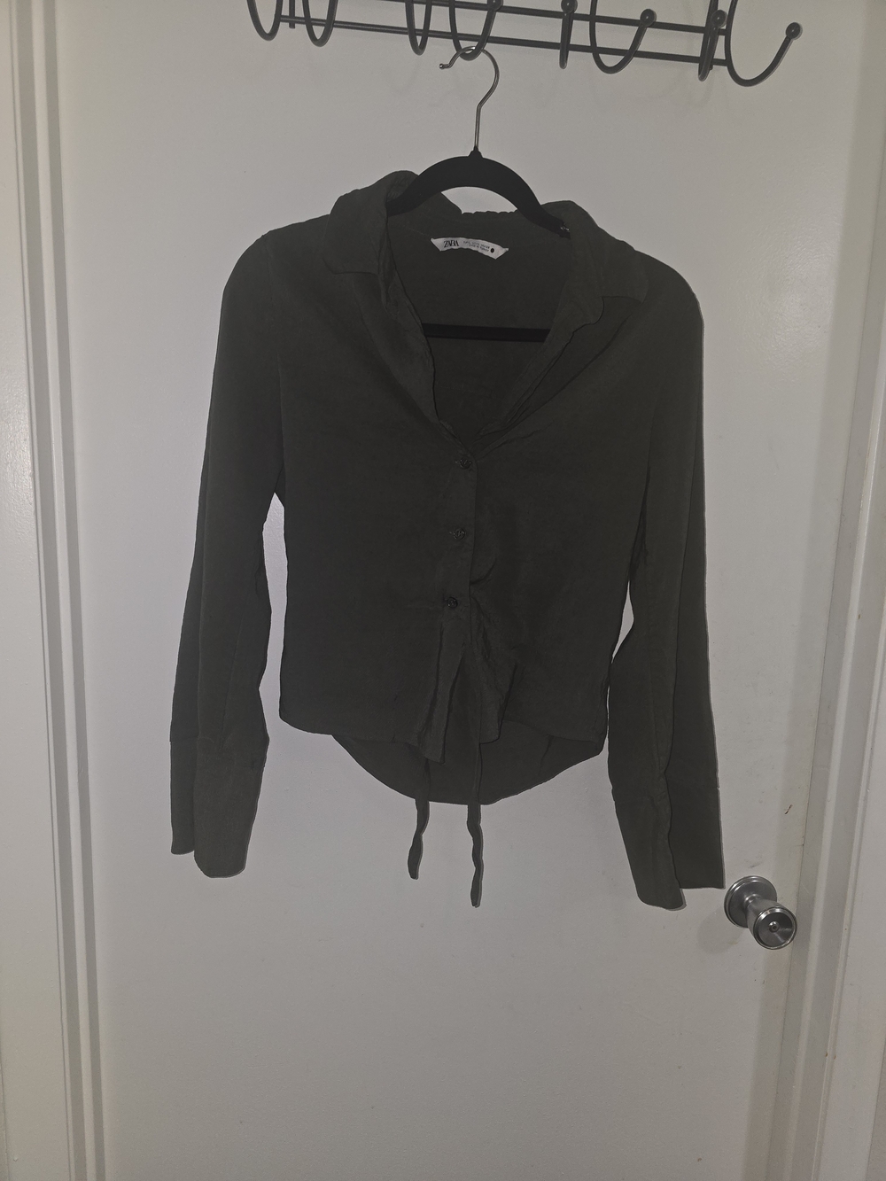 Zara Olive Button-Down Drawstring Hem Shirt